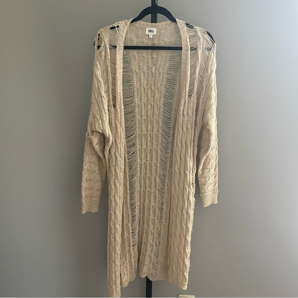 BKE Loose Knit Crochet Cream Duster Size Medium